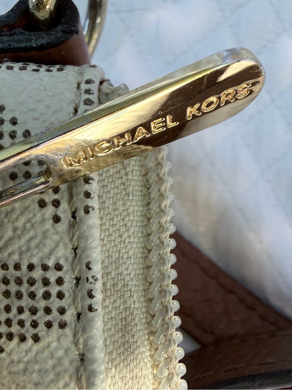 Michael Kors Cream Logo Crossbody with Brown Strap and Gold MK Emblem - Picture 10 of 12